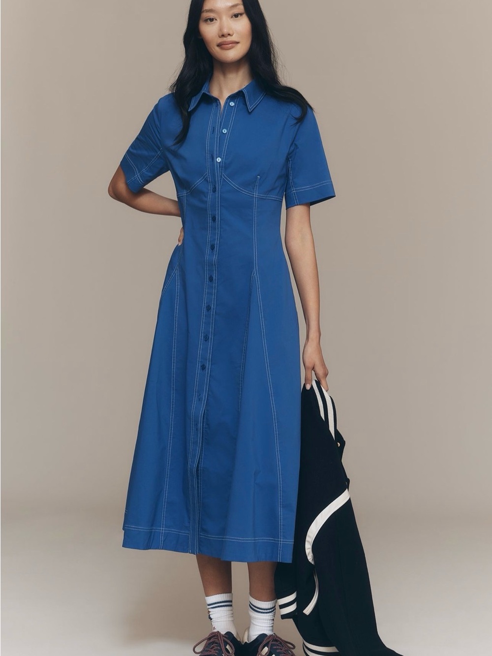 Exquise Short Sleeve Seamed Pleated Midi Dress - BRAND NEW. Medium Cobalt Blue